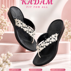 KADAM Ladies 217 slippers with white floral straps and black soles, sizes 6–9